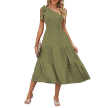 (S, Army Green) Womens Vintage Tie One Shoulder A-Line Tiered Ruffle Hem Midi Long Dress Smocked High Waist Side Split Swing Dresses White XL