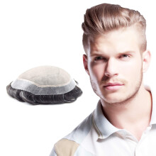 Mens Toupee Hair Replacement System Durable Mono Silk Indian Remy Hair Dark Ash Blonde with Grey