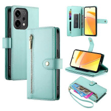 (Mint Green) Nine Card-slot Zipper Wallet Bag Leather Phone Case For OPPO Reno14 Global / Reno14 F 5G