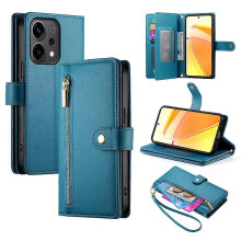 (Blue) Nine Card-slot Zipper Wallet Bag Leather Phone Case For OPPO Reno14 Global / Reno14 F 5G