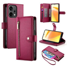 (Red) Nine Card-slot Zipper Wallet Bag Leather Phone Case For OPPO Reno14 Global / Reno14 F 5G
