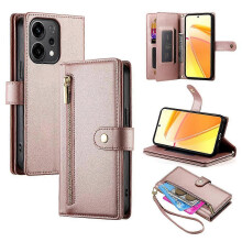 (Pink) Nine Card-slot Zipper Wallet Bag Leather Phone Case For OPPO Reno14 Global / Reno14 F 5G