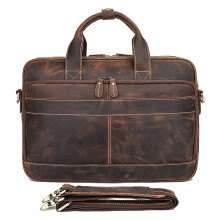 15.6 Inch Vintage Crazy Horse Leather Laptop Briefcase for Men with Padded Protection and Multiple Compartments (Dark Brown)