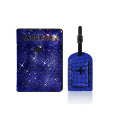 Bling Passport Holder and Luggage Tag Set for Women, Rhinestone Travel Accessories Blue PU Leather