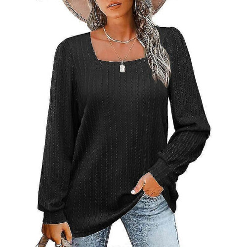 (M, Black) Women's Long Sleeve Square Neck Knitted Pit Pullover Sweater Casual Loose Tunic