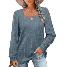 (XL, Blue) Women's Long Sleeve Square Neck Knitted Pit Pullover Sweater Casual Loose Tunic