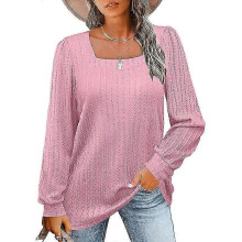 (S, Pink) Women's Long Sleeve Square Neck Knitted Pit Pullover Sweater Casual Loose Tunic