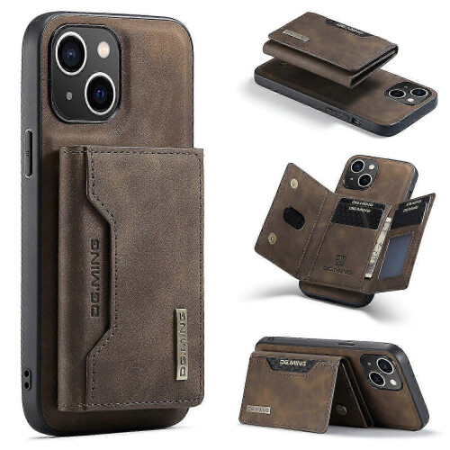 (For iPhone 15 Plus, Coffee) DG.MING M2 Series 3-Fold Card Bag Wallet Leather Phone Case