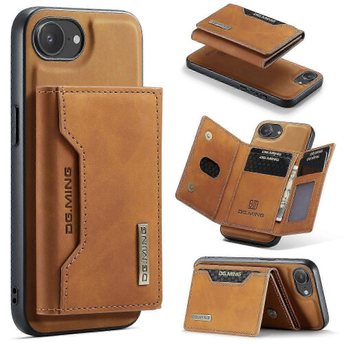 (For iPhone 16e, Brown) DG.MING M2 Series 3-Fold Card Bag Wallet Leather Phone Case