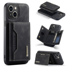 (For iPhone 15 Plus, Black) DG.MING M2 Series 3-Fold Card Bag Wallet Leather Phone Case