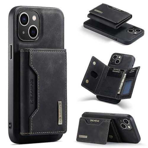 (For iPhone 15 Plus, Black) DG.MING M2 Series 3-Fold Card Bag Wallet Leather Phone Case