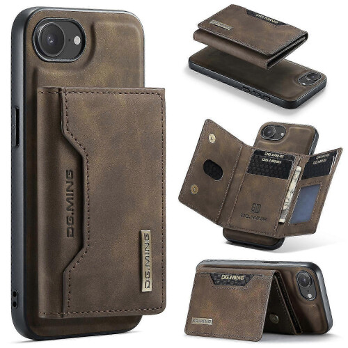 (For iPhone 16e, Coffee) DG.MING M2 Series 3-Fold Card Bag Wallet Leather Phone Case