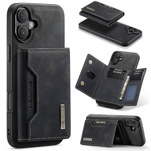 (For iPhone 16, Black) DG.MING M2 Series 3-Fold Card Bag Wallet Leather Phone Case