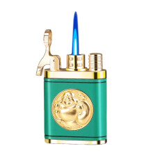 Butane Torch Lighter Green Windproof Blue Flame Refillable Retro Leather Finish for Camping Men's Gift
