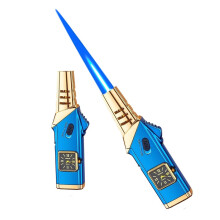 Refillable Butane Torch Lighter with Adjustable Flame and Safety Lock, Windproof Long Handle for Camping Candles Blue