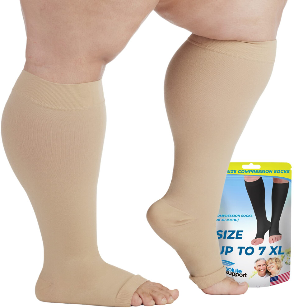 Beige Wide Calf Compression Socks 2030 Mmhg Open Toe 7XLarge For Men And Women Varicose Veins Support