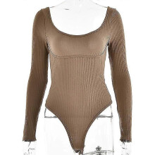 (L, Khaki) Women''s Solid Color Long Sleeve Square Neck Backless Bodysuit Tops Jumpsuit