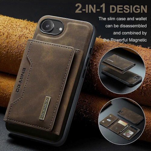 (For iPhone 16e, Coffee) DG.MING M2 Series 3-Fold Card Bag Wallet Leather Phone Case 1