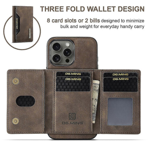 (For iPhone 16 Pro Max, Coffee) DG.MING M2 Series 3-Fold Card Bag Wallet Leather Phone Case 1