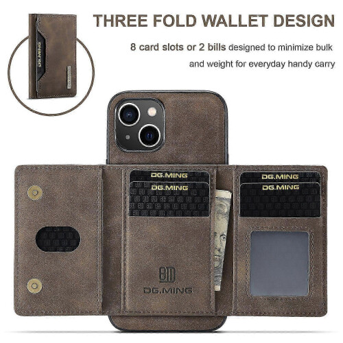 (For iPhone 15, Coffee) DG.MING M2 Series 3-Fold Card Bag Wallet Leather Phone Case 1