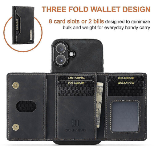 (For iPhone 16, Black) DG.MING M2 Series 3-Fold Card Bag Wallet Leather Phone Case 1