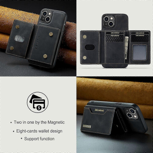 (For iPhone 15 Plus, Black) DG.MING M2 Series 3-Fold Card Bag Wallet Leather Phone Case 2