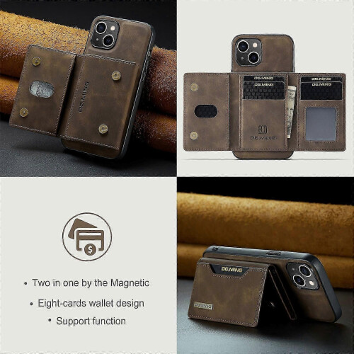(For iPhone 15 Plus, Coffee) DG.MING M2 Series 3-Fold Card Bag Wallet Leather Phone Case 2