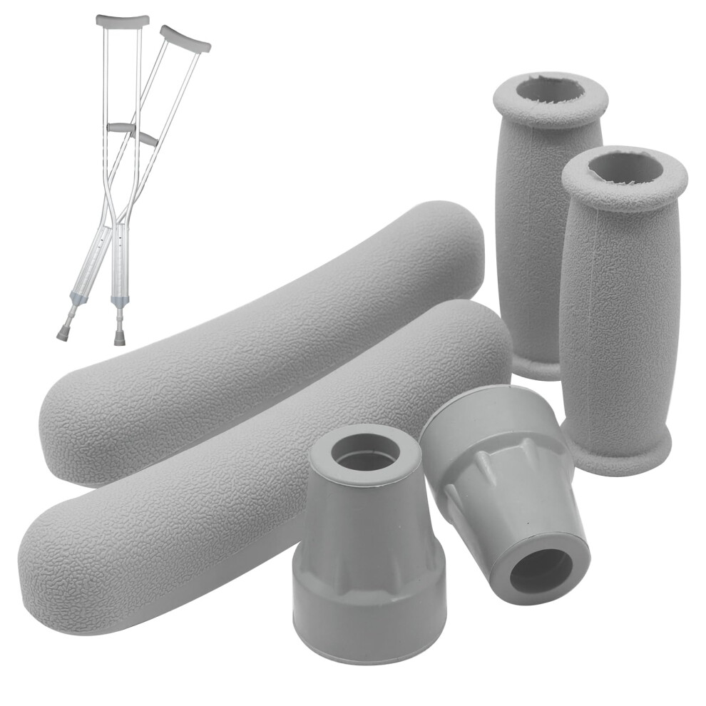 Gray Crutch Tips And Underarm Pads Kit With Ergonomic Hand Grips, Nonslip Caps, Fits Standard Aluminum Crutches (Gray)