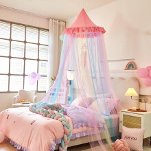 Rainbow Pink Bed Canopy for Girls, Luxury Round Dome Princess Mosquito Net Canopy, One Size Fit
