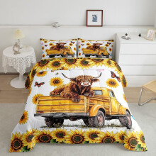 Farmhouse Full Size Bedding Set with Pillowcases, Rustic Yellow Farm Truck and Highland Cattle Sunflower Design