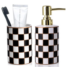 Bathroom Accessories Set Black and White Checkered Ceramic Soap Dispenser and Toothbrush Holder Combo