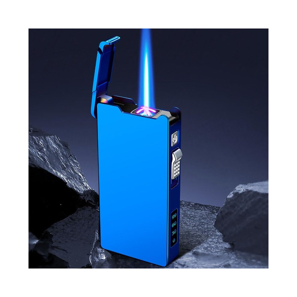 Blue Rechargeable Electric Lighter Dual Arc Plasma Torch Windproof Jet Flame 2 In 1 Gas And Usb Cigar Lighter