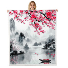 Pink and Black Japanese Cherry Blossom Sherpa Fleece Throw Blanket 40x50 for Couch and Travel