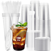 16 oz Clear Plastic Cups with Lids and Spoon Straws Bulk 150 Pack Disposable Drink Cups for Parties Smoothies Iced Coffee