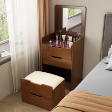 Brown Vanity Table with Mirror and Lights, Foldable Makeup Desk with Stool and Storage for Small Spaces