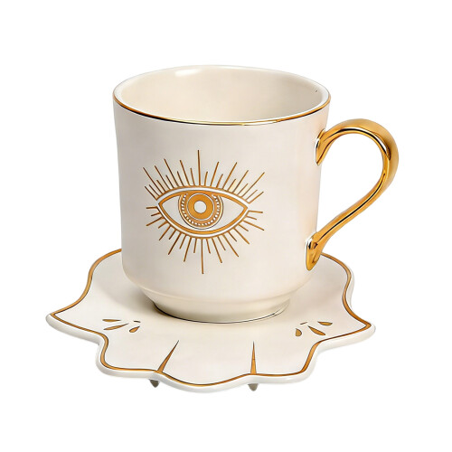 Turkish Ceramic Coffee Mug and Saucer Set with Evils Eye-White