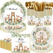 Woodland Baby Shower Decorations Green and Gold Forest Animal Party Supplies for 50 Guests Tableware Set
