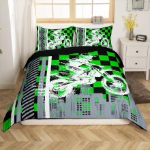 Motorcycle Bedding Set Boys Twin Green Dirt Bike 3D Print Duvet Cover Racing Motocross Comforter