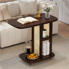 C Shaped Side Table with Wheels, Durable Bamboo Rattan Rolling End Table for Sofa Bedside and Small Spaces