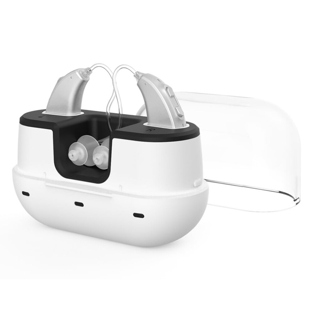 White Rechargeable Digital Bte Hearing Aids For Seniors With Noise Reduction And Compact Charging Case,