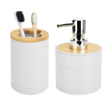 2 PCS White Bathroom Accessories Set with Bamboo Accents, Soap Dispenser and Toothbrush Holder, Modern Shatterproof Countertop Organizer