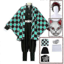 (100, 7 piece set) Demon Slayer Kimetsu No Yaiba Tanjirou Kamado Cosplay Costume Kimono Halloween Anime Uniform Set For Adult Kids V