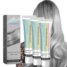 2 in 1 Silver Hair Dye Cream for Dark Hair, Permanent Natural Silver Gray Color with Plant Extract Nourishment