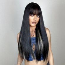 Synthetic Long Straight Wig for Women 26 Inch Lace Front Black Blonde Highlight Heat Resistant Hair