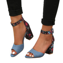 Women's Floral Print Heel Sandals Peep Toe Ankle Strap Heels for Wedding and Summer Party