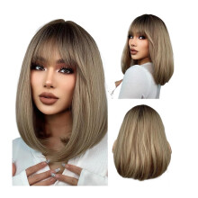 Brown Wig for Women Shoulder Length Synthetic Wig with Bangs Heat Resistant Fiber Natural Hairline