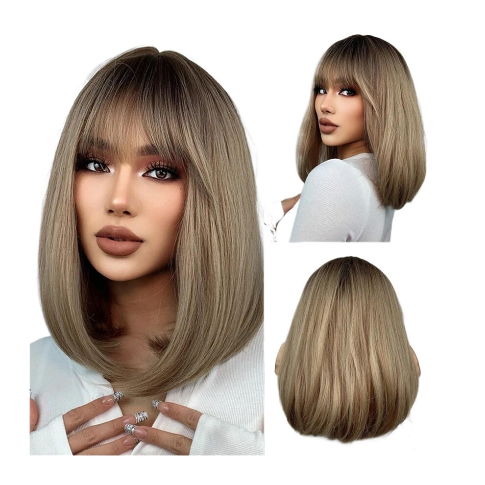 Unisex Brown Wig For Women Shoulder Length Synthetic Wig With Bangs Heat Resistant Fiber Natural Hairline