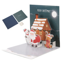 3D Pop Up Christmas Card with Envelope, Santa Claus Reindeer Snowman Design, Silver Foil Holiday Greeting Card Type E