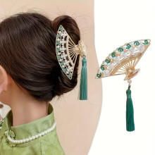 Pearl Hair Claw Clip with Rhinestone Tassel, Elegant Vintage FanShaped NonSlip Hair Clip for Women