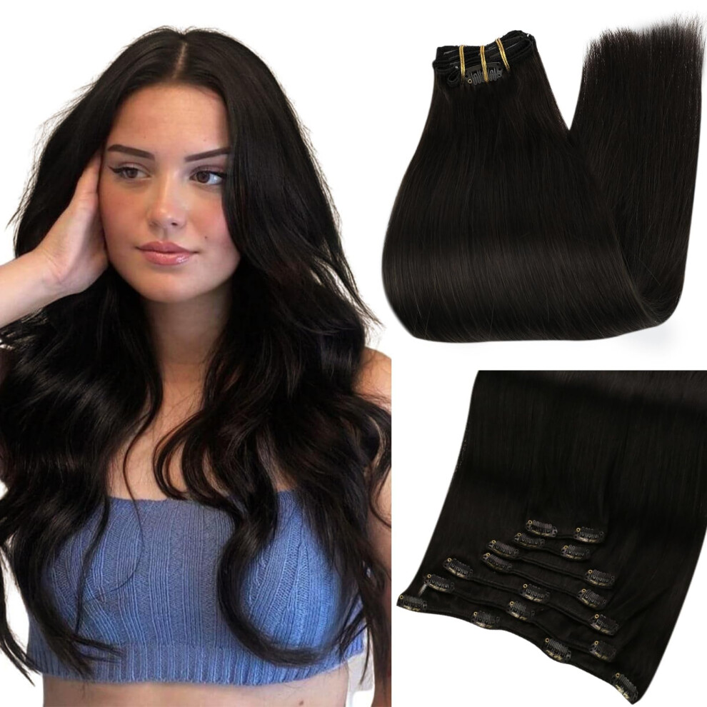 Human Hair Clip In Extensions Natural Remy Hair 2 Packs 12 and 14 Inch #1B 7pcs Secure ClipIn